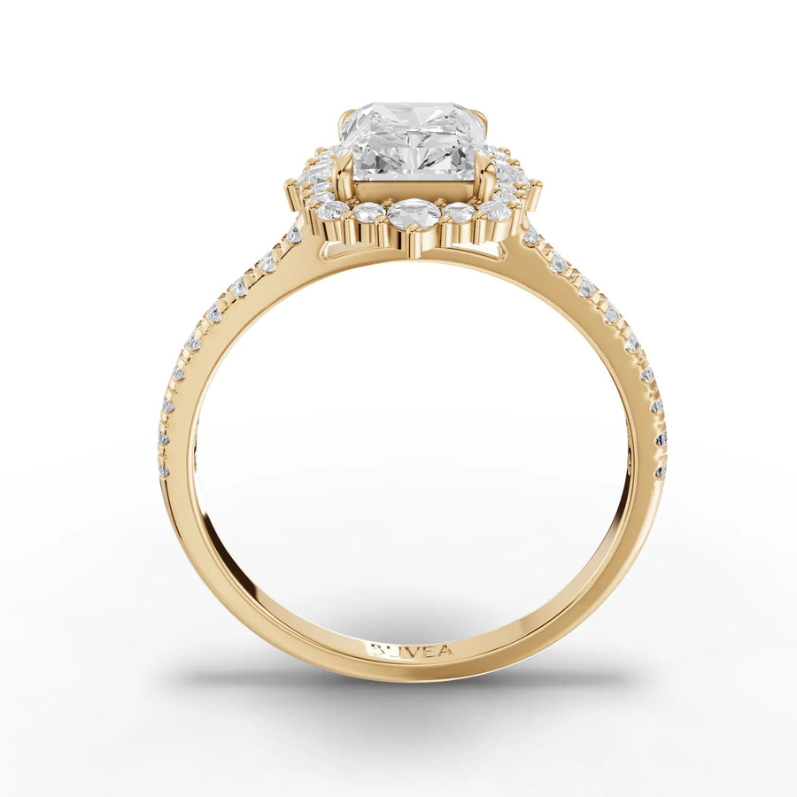 Radiant center halo ring yellow gold close-up
