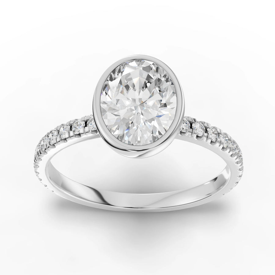 1.84 Ct oval bezel pavé lab diamond ring with 1.50 Ct center stone and round accent diamonds on the band