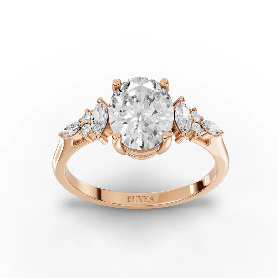 Oval three-stone lab-grown diamond ring rose gold top view