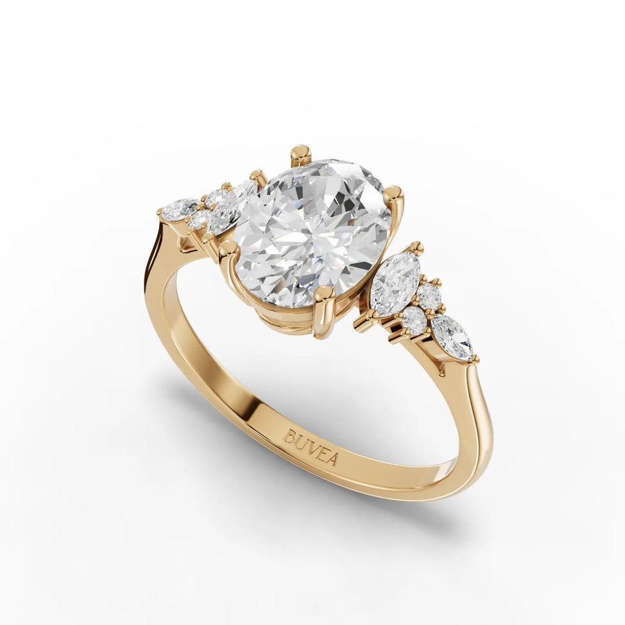 1.79 CT oval three-stone ring yellow gold angled profile