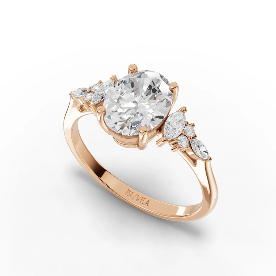 1.79 CT oval three-stone ring rose gold angled profile