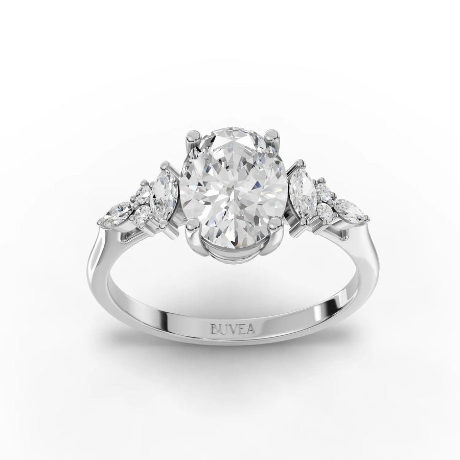 1.79 CT oval lab diamond accent solitaire ring with 1.5 CT center, marquise side stones, round accents, and 18K gold band