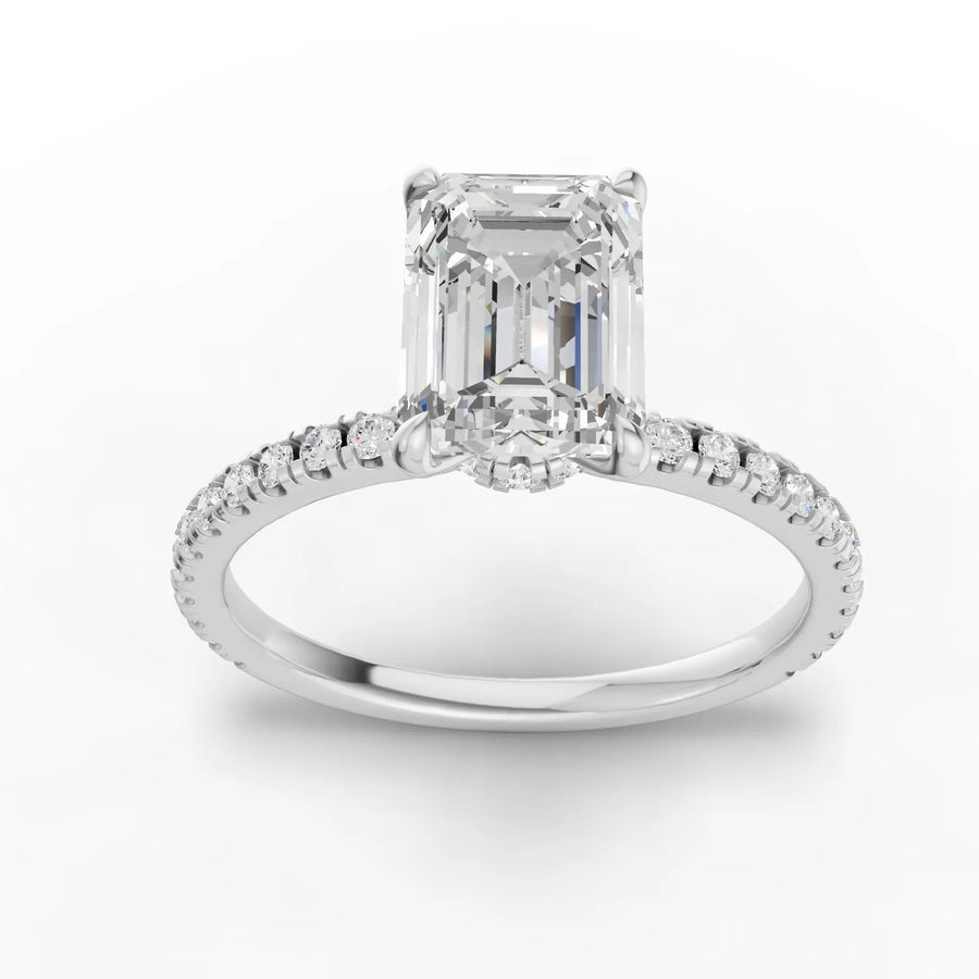 1.73 ct emerald hidden halo pavé lab diamond ring with 1.50 ct center stone in 18k gold