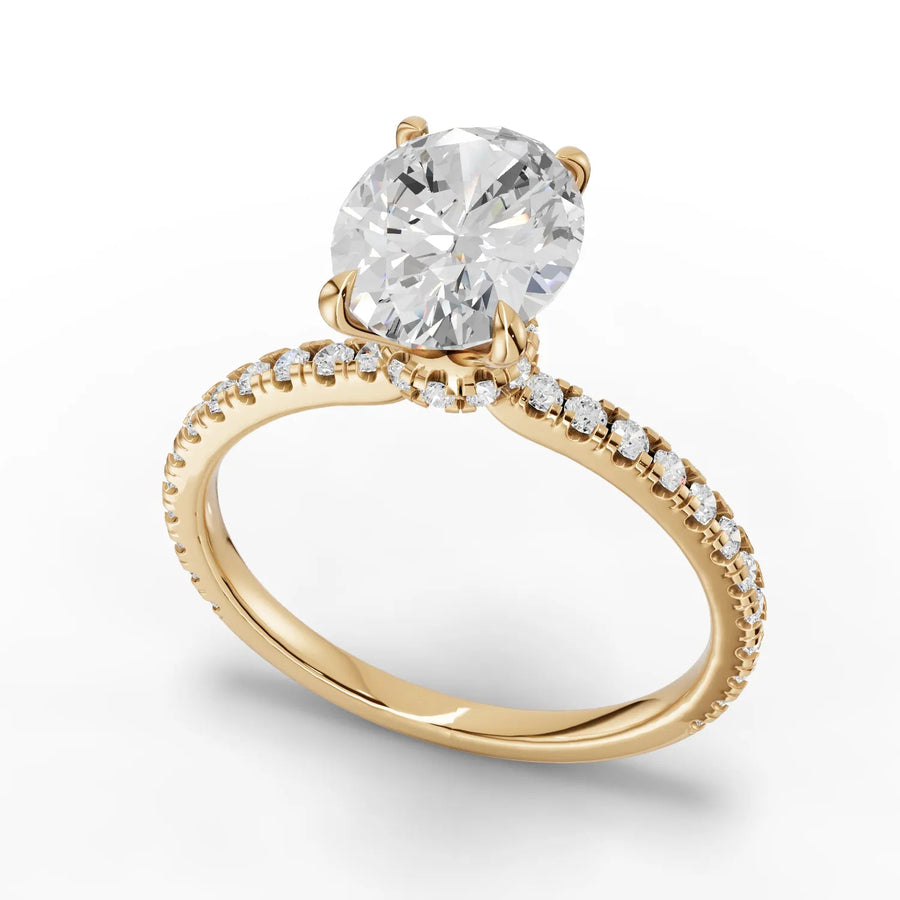 Oval pave band diamond ring yellow gold angle