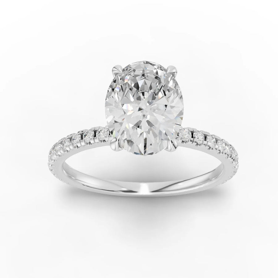 1.73 CT oval hidden halo pavé lab diamond ring with 1.50 CT center stone and single band setting