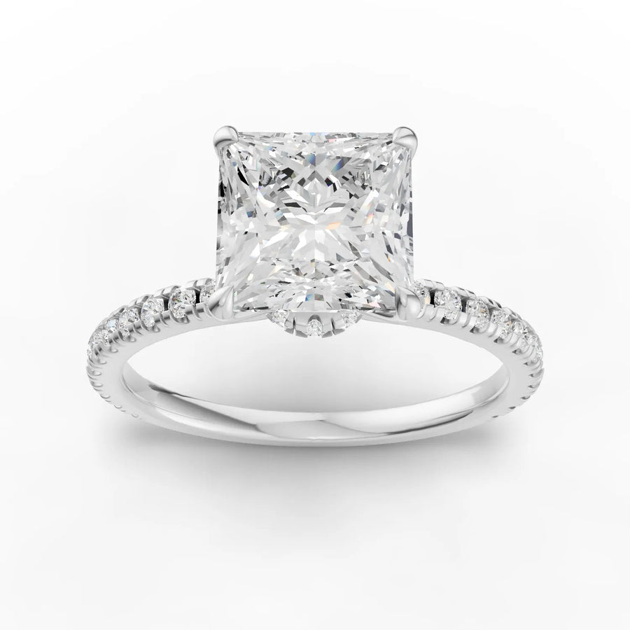 1.73 CT princess pavé lab diamond ring with 1.50 CT center stone and round accent diamonds on the band