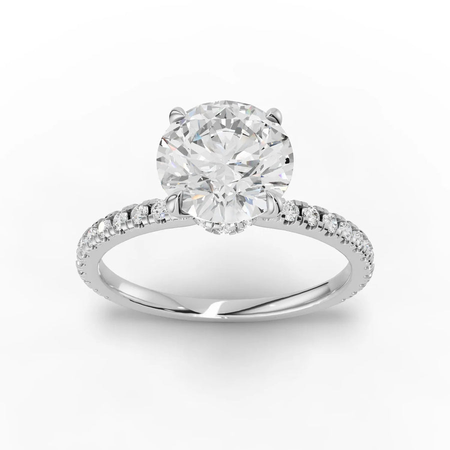 1.73 CT round hidden halo lab-grown diamond ring with 1.50 CT center stone and half pavé band