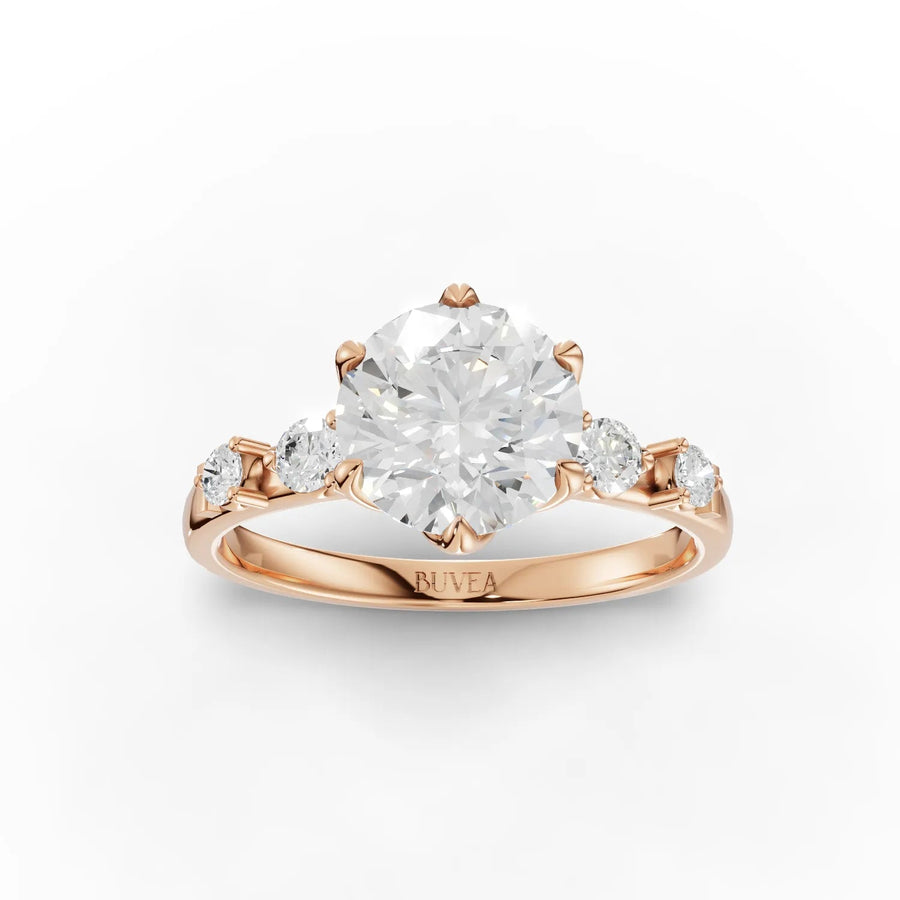 Round three-stone lab-grown diamond ring rose gold top view