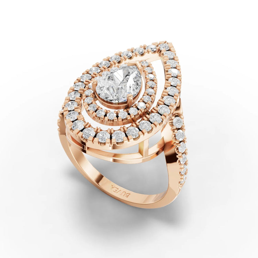 Double-halo pear ring rose gold angled profile