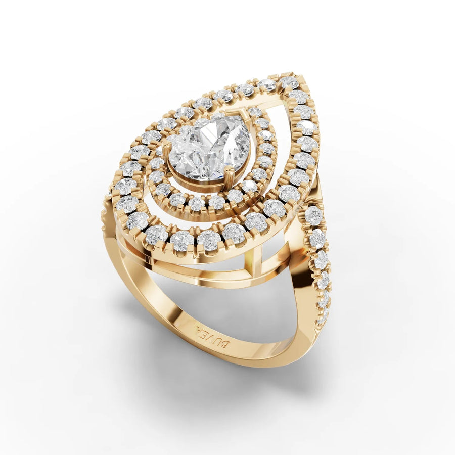 Double-halo pear ring yellow gold angled profile