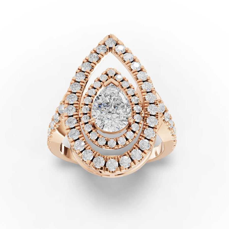 Pear double-halo diamond ring rose gold top view
