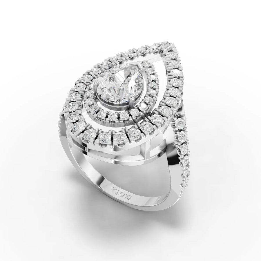 Double-halo pear ring white gold angled profile