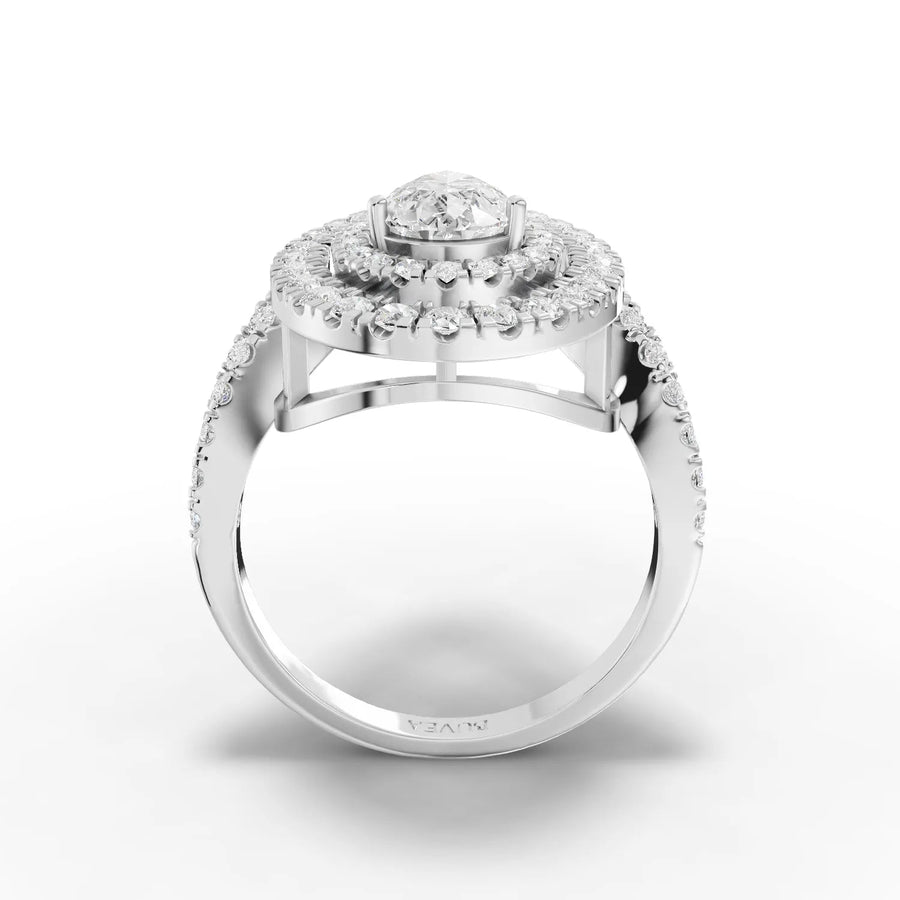 Pavé halo ring white gold close-up