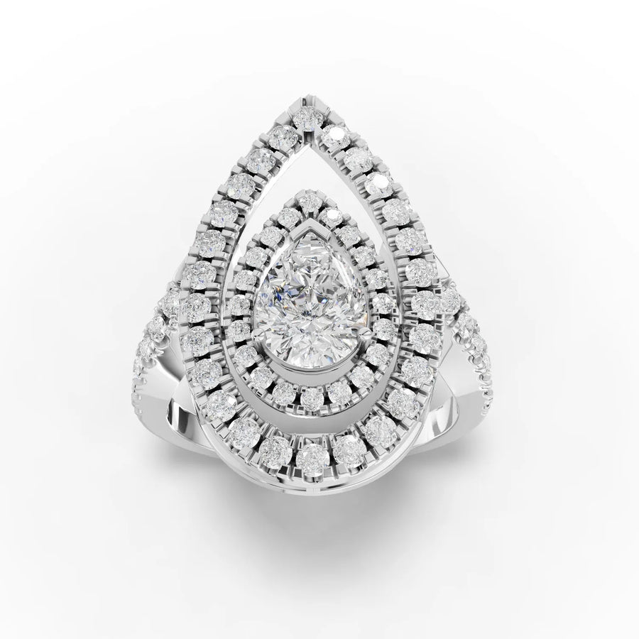 1.85 CT pear double halo lab diamond engagement ring with 1 CT pear center, pavé band, and 18K gold setting