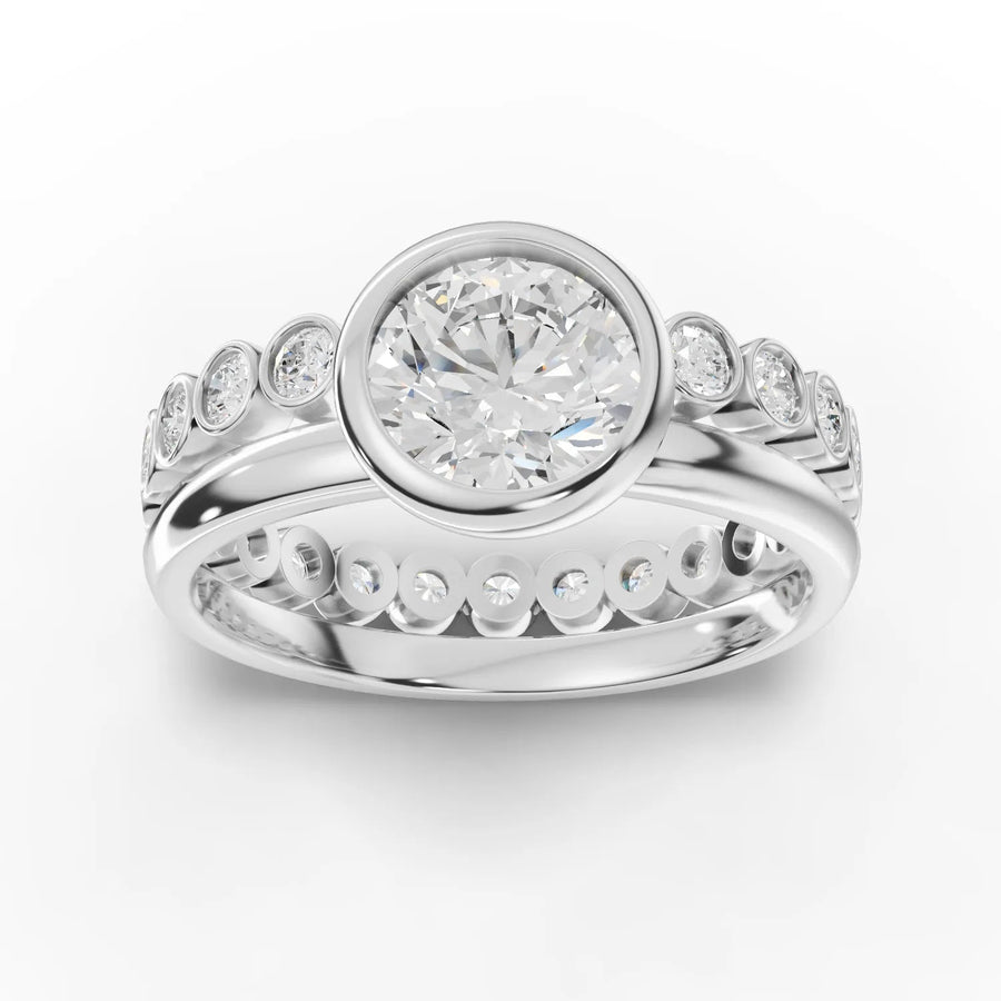 1.72 CT round bezel lab diamond ring with 1.00 CT center stone and round side band accent diamonds