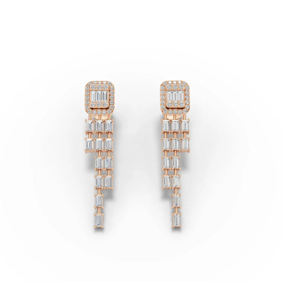 1.44 Ct baguette halo drop lab diamond earrings in 18k gold, featuring a halo top and cascading baguette drops for elegant movement.