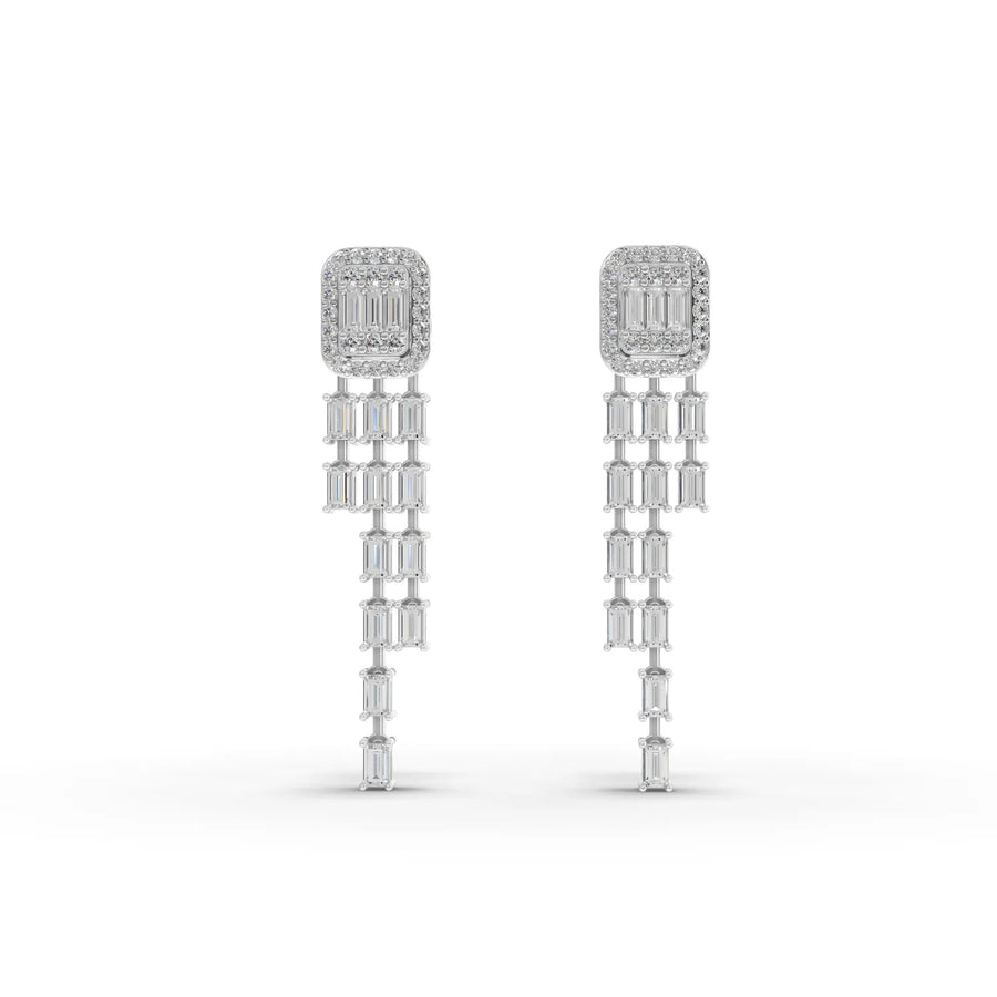 Baguette halo drop earrings featuring micro prong settings, 18k gold, and a cascading design for elegant movement.