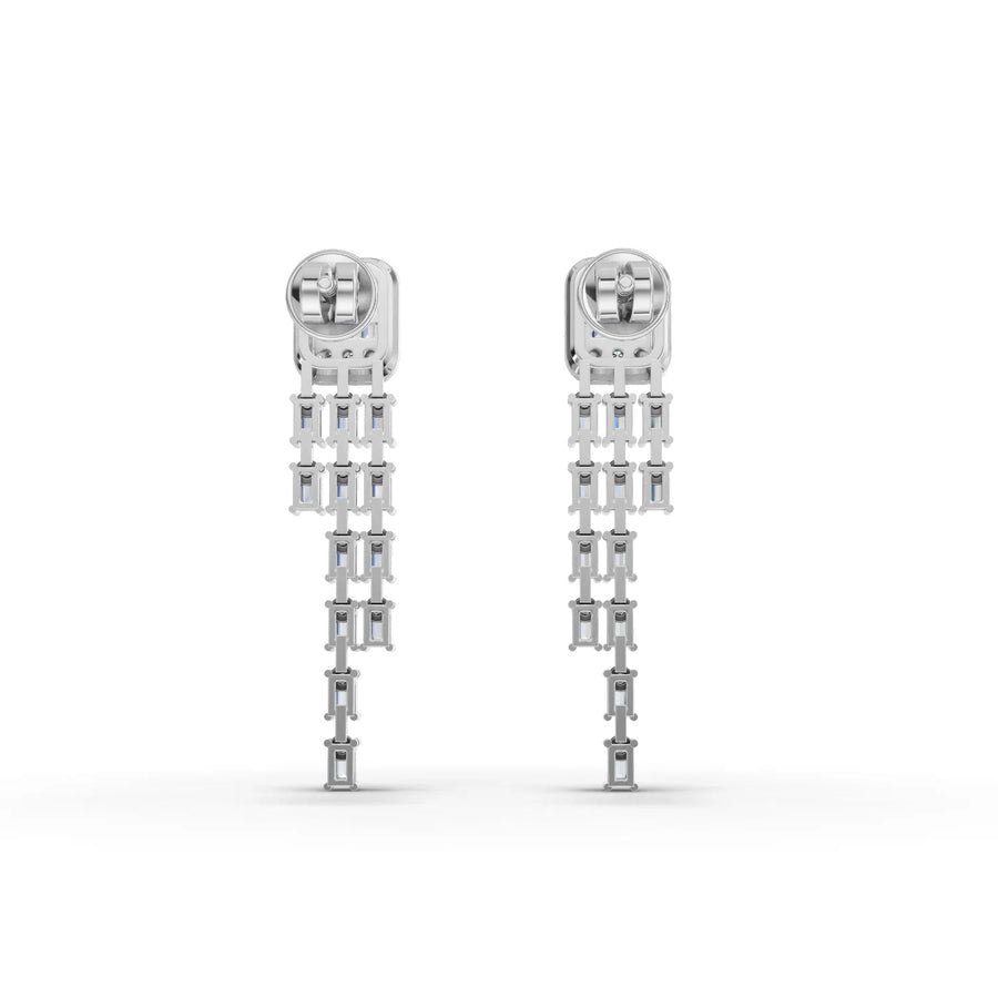 1.44 Ct baguette halo drop lab diamond earrings in 18k gold feature cascading baguette diamonds and a round halo design.