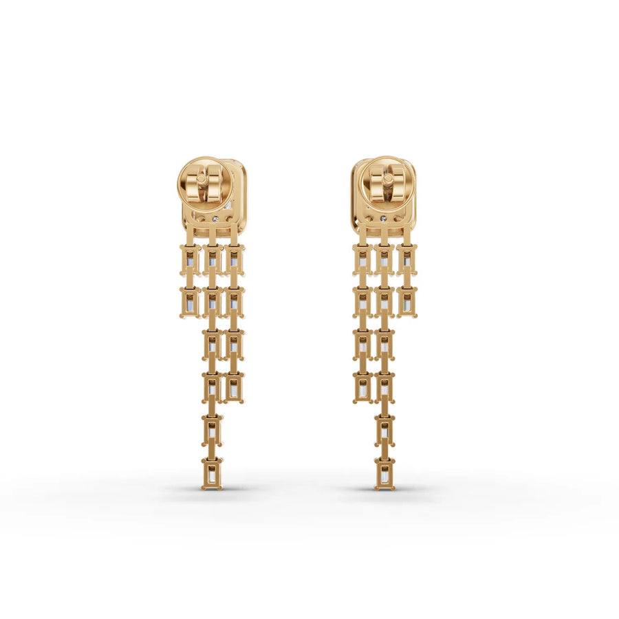 1.44 Ct Baguette Halo Drop Lab Diamond Earrings with 18k gold, featuring a halo design and cascading baguette drops.