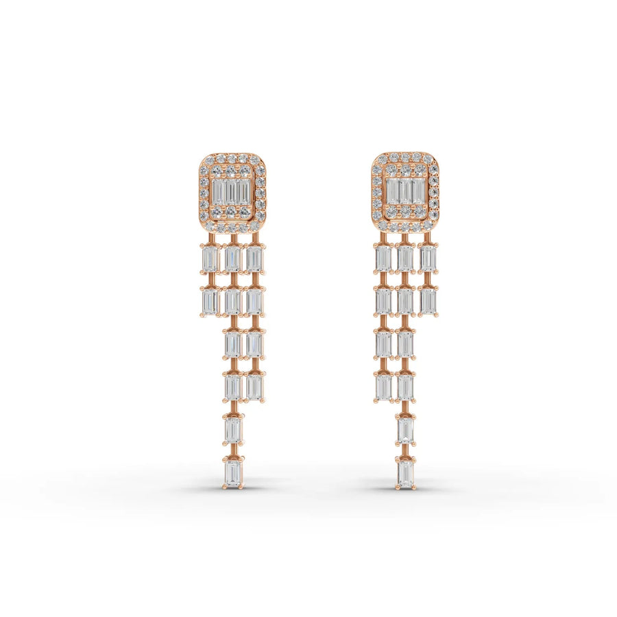 Halo drop earrings featuring 1.44 CT lab grown diamonds, set in 18k gold with baguette cascade design and screw back closure.