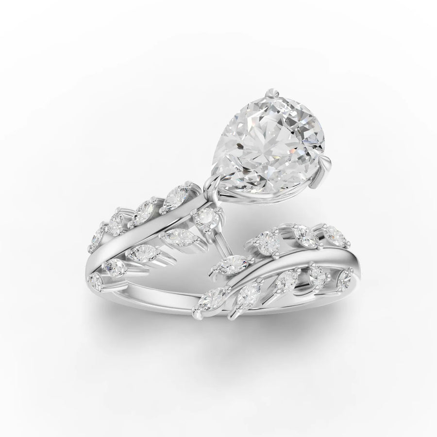 1.74 CT pear halo lab diamond ring with 1.50 CT center stone, marquise side stones, and 18k gold band