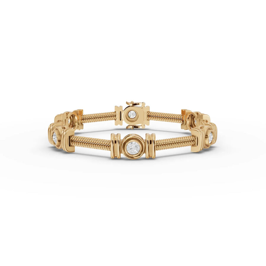 Lab-grown diamond cable bracelet yellow gold bezel close-up