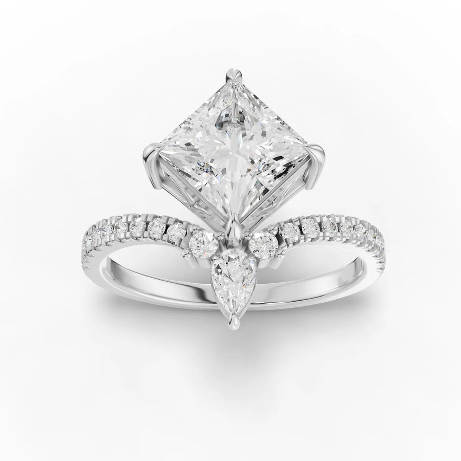 1.74 CT princess pavé lab diamond ring with 1.50 CT center diamond, pear accent and 18k gold band