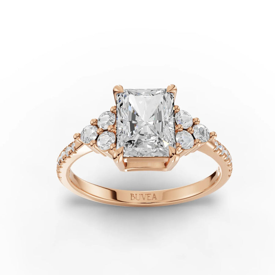 Radiant cut halo lab-grown diamond ring rose gold top view