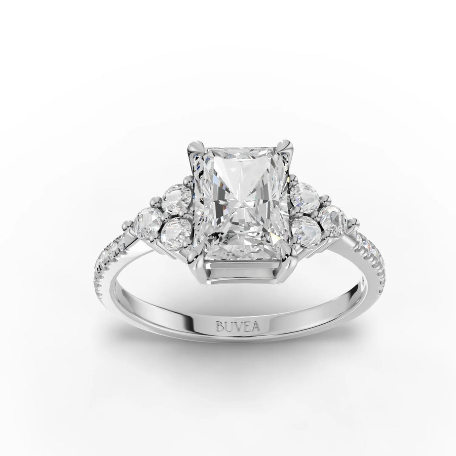 1.89 CT radiant lab diamond halo ring with 1.5 CT center stone, round accents on shoulders, set in 18K gold