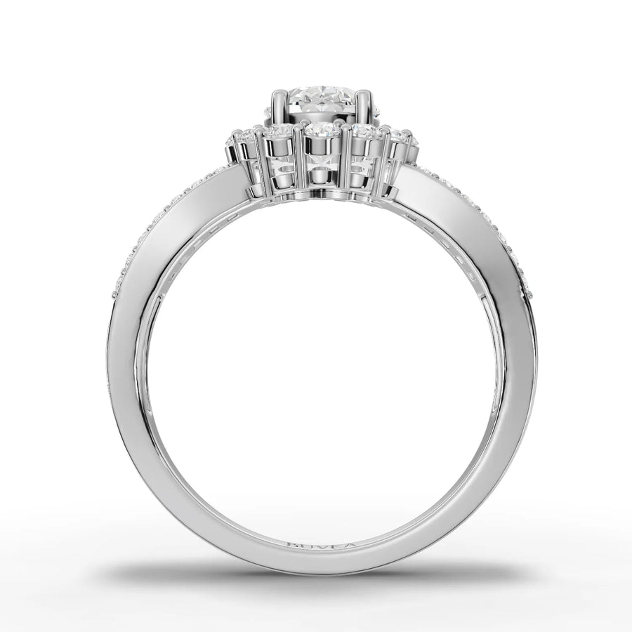 Oval halo multi-row ring white gold close-up