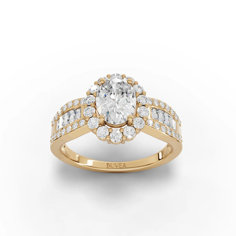 Oval halo lab-grown diamond ring yellow gold top view