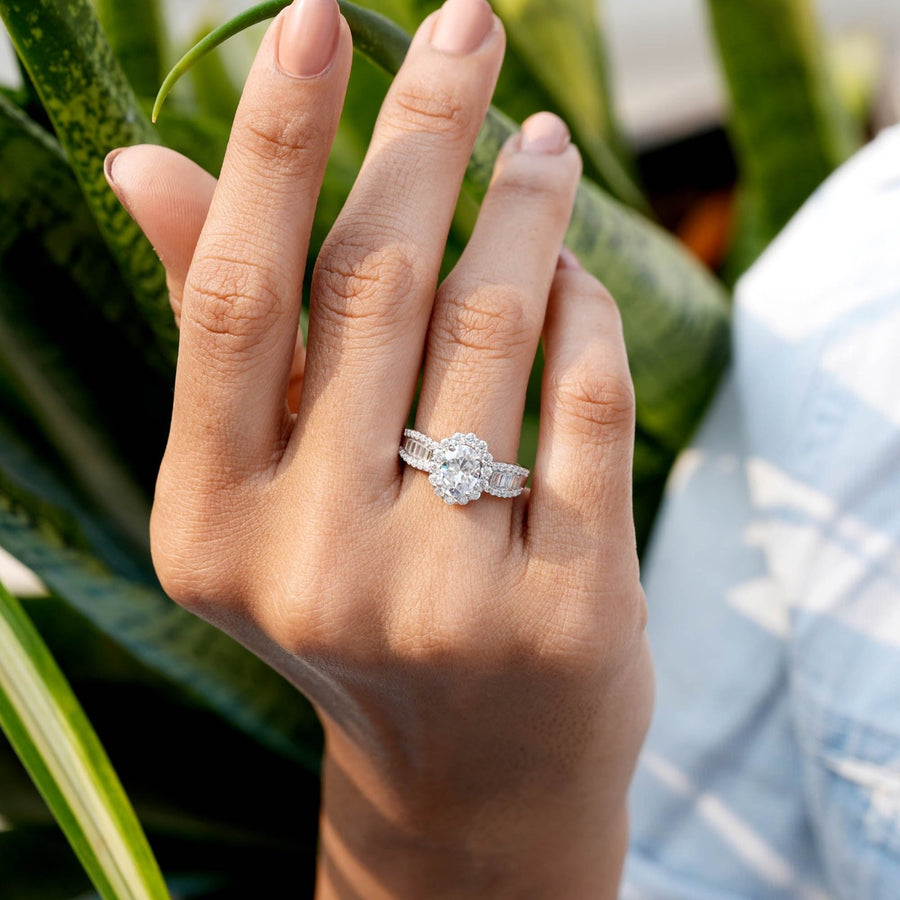 1.88 CT oval halo lab-grown diamond ring worn on hand