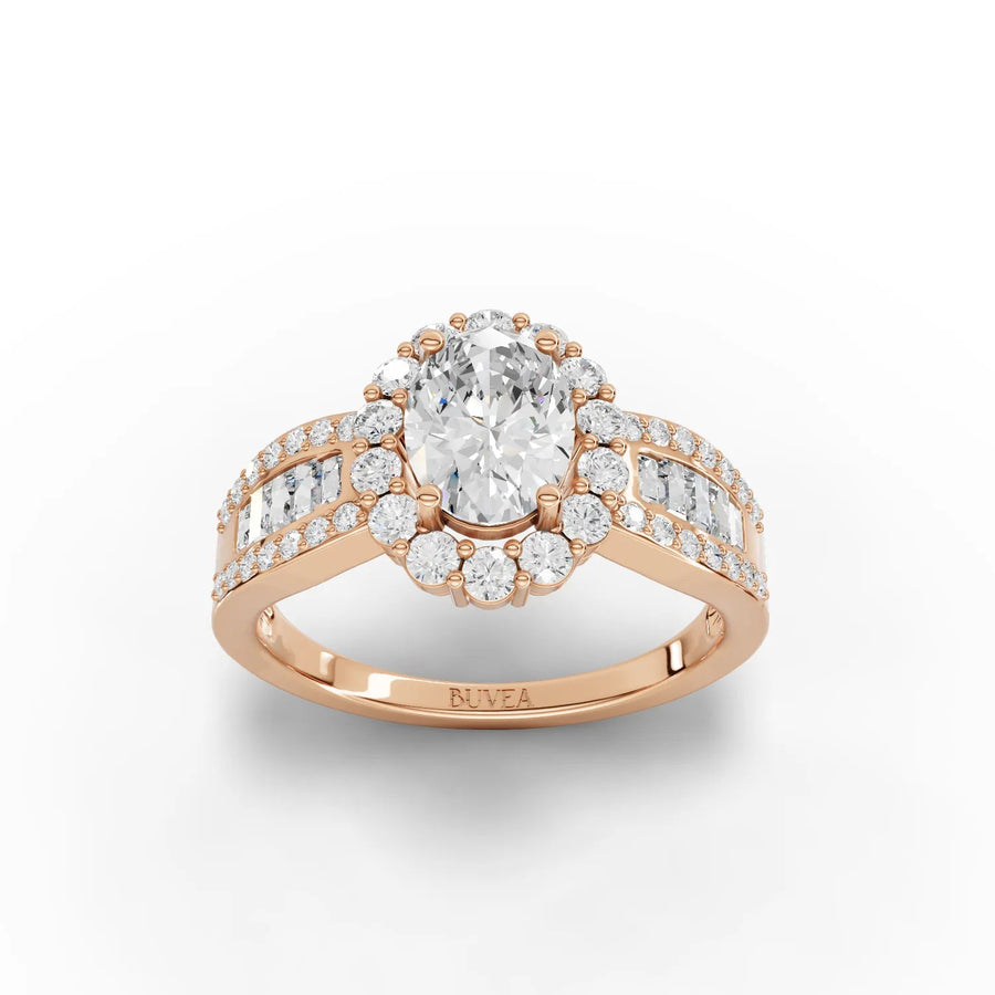 Oval halo lab-grown diamond ring rose gold top view