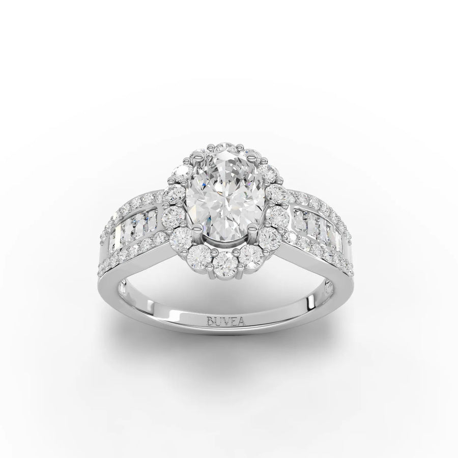1.88 CT oval halo lab diamond ring with 1 CT center, baguette side accents, round diamonds, and 18K gold band