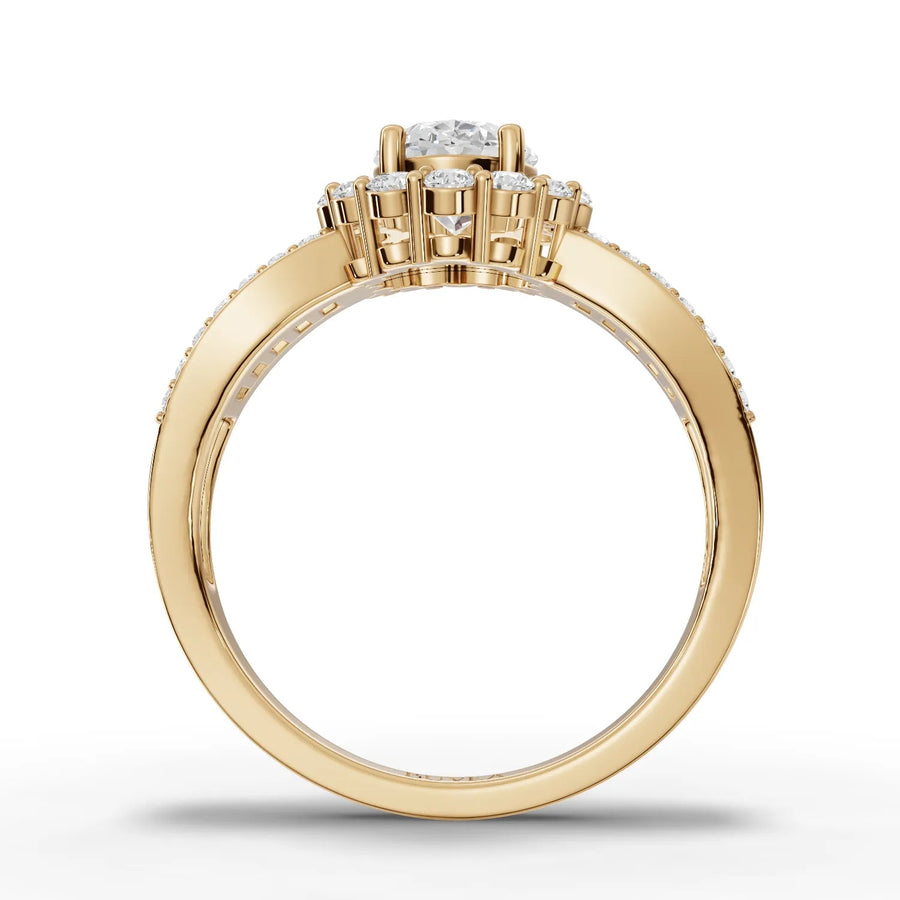 Oval halo multi-row ring yellow gold close-up