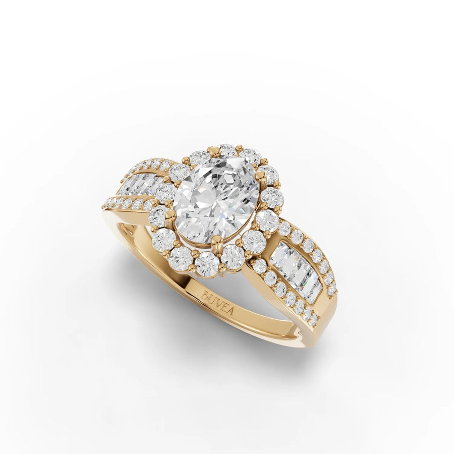 1.88 CT oval baguette ring yellow gold angled profile