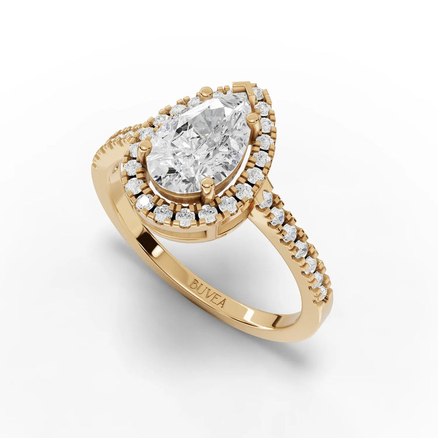 1.81 CT pear halo ring yellow gold angled view