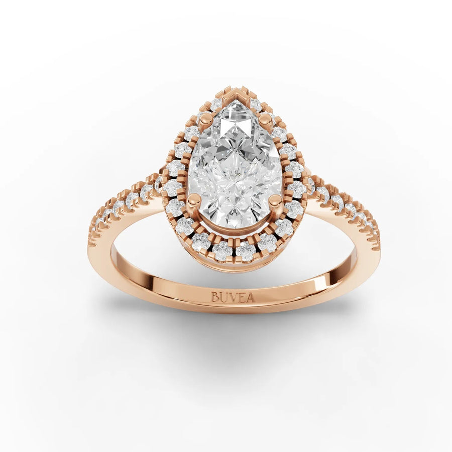 Pear halo lab-grown diamond ring rose gold top view