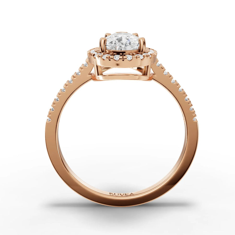 Pear center halo ring rose gold close-up