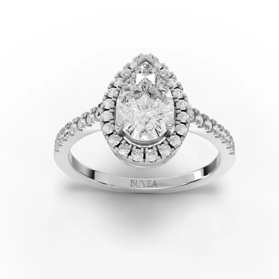 Pear halo lab-grown diamond ring white gold top view