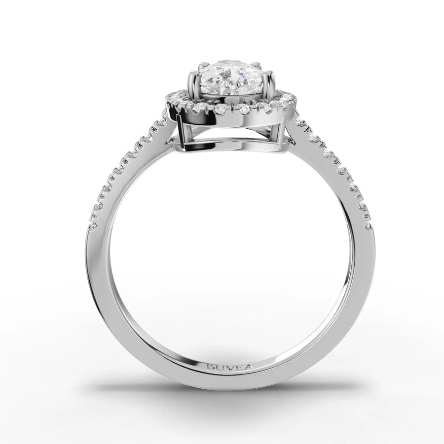 Pear center halo ring white gold close-up