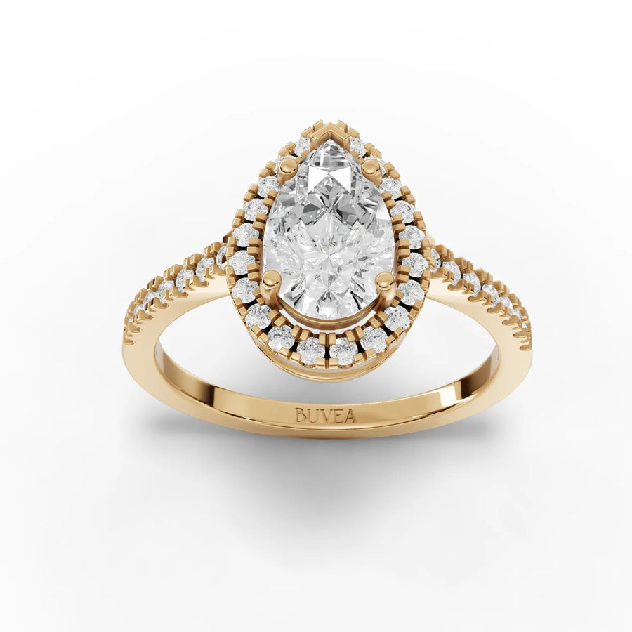 Pear halo lab-grown diamond ring yellow gold top view