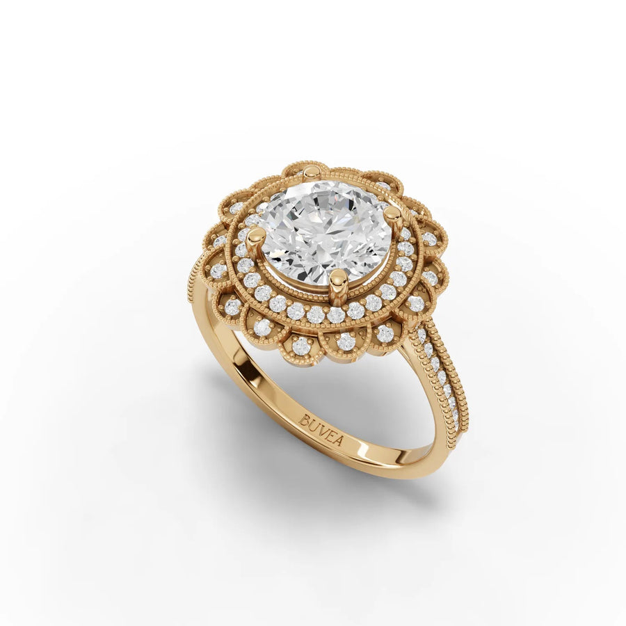 1.80 CT double halo ring yellow gold angle view