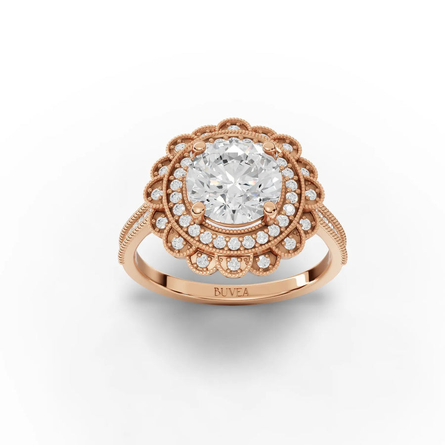 Double halo lab-grown diamond ring rose gold top view