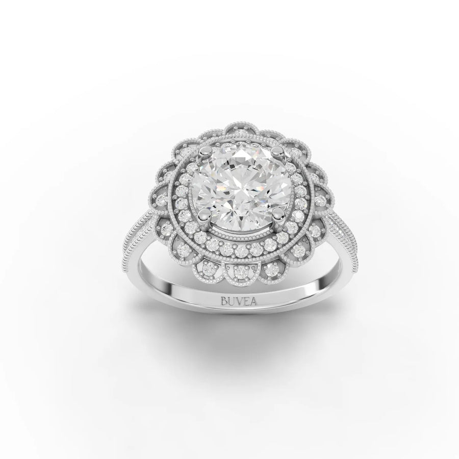 1.80 CT vintage double halo lab diamond ring with 1.5 CT round center, scalloped halo, pavé band, and gold setting