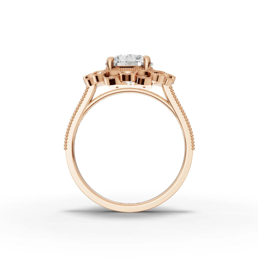 Dual-halo diamond ring rose gold close-up view
