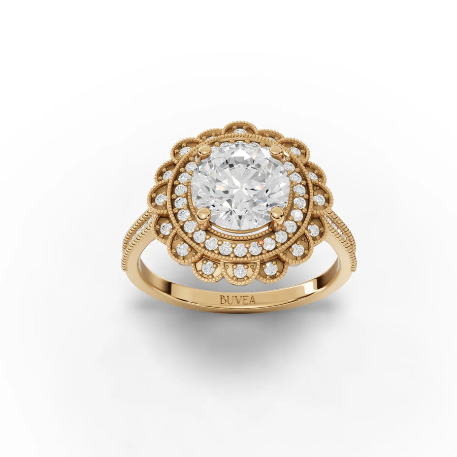 Double halo lab-grown diamond ring yellow gold top view