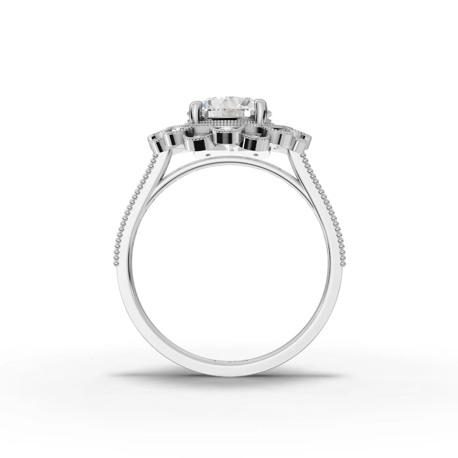 Dual-halo diamond ring white gold close-up view