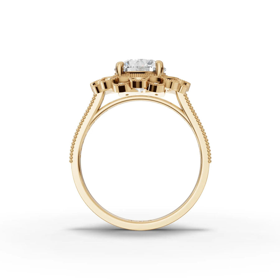 Dual-halo diamond ring yellow gold close-up view