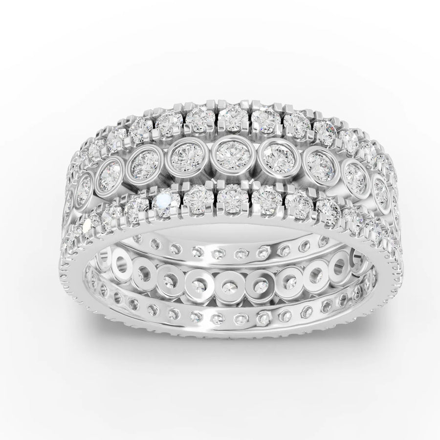 1.66 CT round lab grown diamond bridal set with multi-row pavé band, bezel detailing, and flush-fit wedding ring